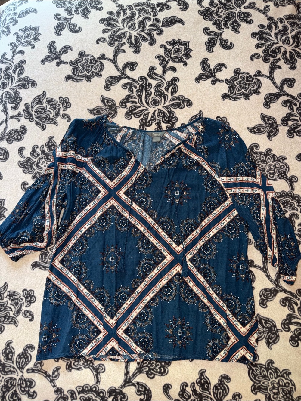 Women's Boho Diamond-Print Short Sleeve Top - Navy